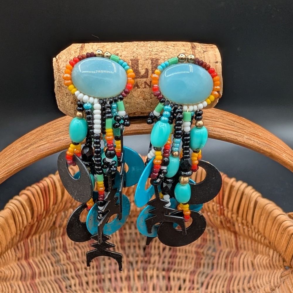 Chipita VTG Beaded Artisan Chandelier Dangle Earrings Pierced‎ Turquoise Pueblo